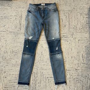 Hudson custom nico ankle jeans with raw hem and stitches on knees size 25